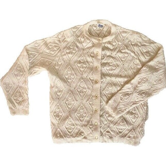 Wintuk Vintage 60s Off White Dupont Acrylic Diamond Knit Cardigan Sz S ? - Picture 3 of 4